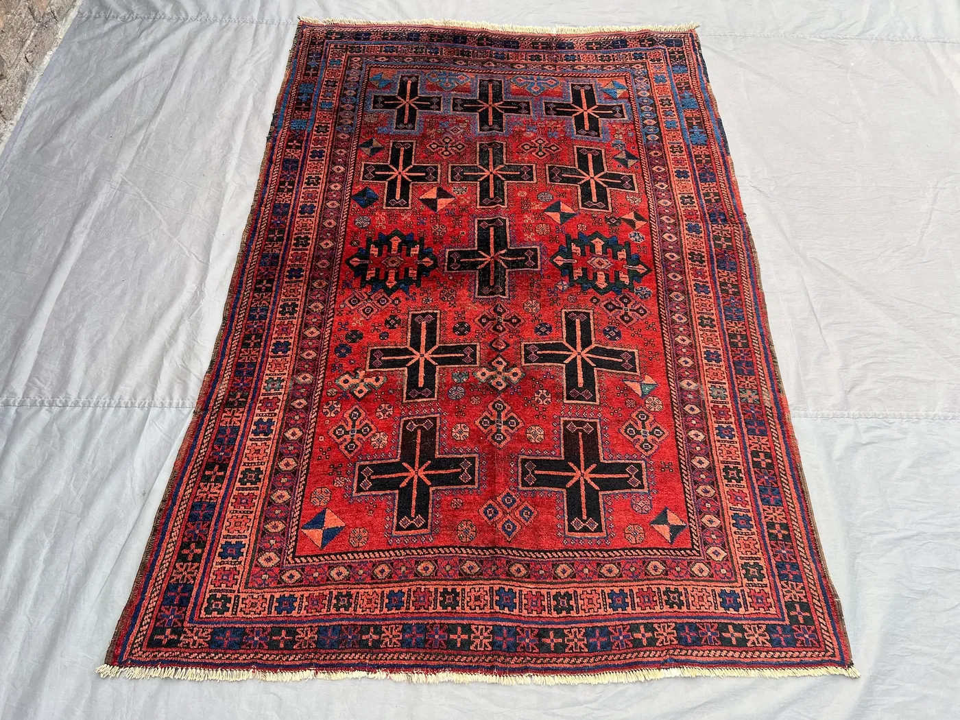Vintage Red Navy Black Afghan Baluchi Rug | 4x7 ft Hand Knotted Wool Tribal Geometric Carpet | Boho Entryway Living Room Rug \ vintage rug