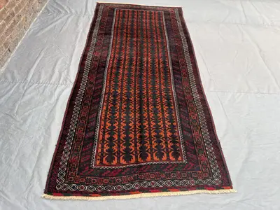 Vintage Rust Black Dark Red Afghan Baluchi Rug | 4x10 ft Hand Knotted Wool Tribal Geometric Runner Carpet | Ha