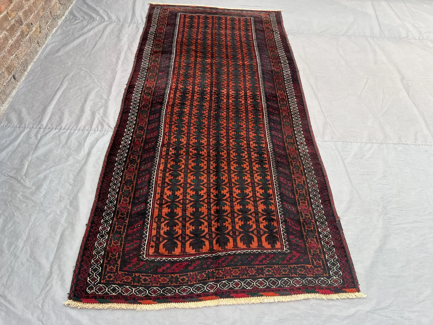 Vintage Rust Black Dark Red Afghan Baluchi Rug | 4x10 ft Hand Knotted Wool Tribal Geometric Runner Carpet | Hallway Entry Rug \ living room