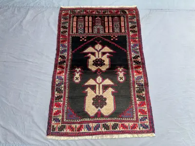 3x5 Afghan Baluch Prayer Rug, Hand Knotted Tribal Wool Carpet | Islamic Design | Vintage Boho Decor | Nomadic 