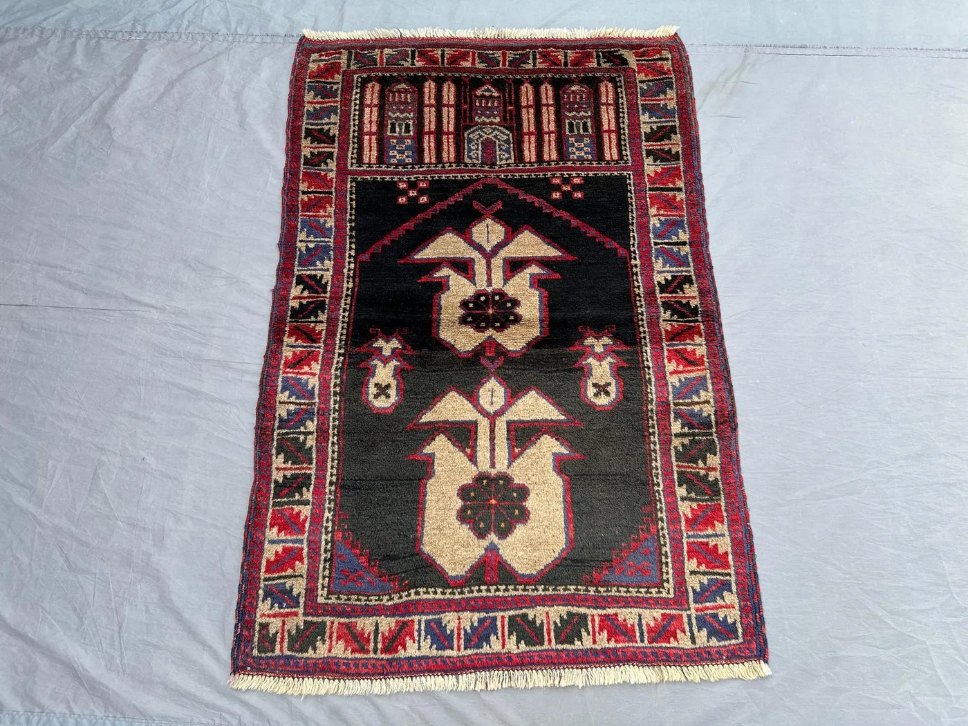 3x5 Afghan Baluch Prayer Rug, Hand Knotted Tribal Wool Carpet | Islamic Design | Vintage Boho Decor | Nomadic Wool Area Rug, Bathroom Rug
