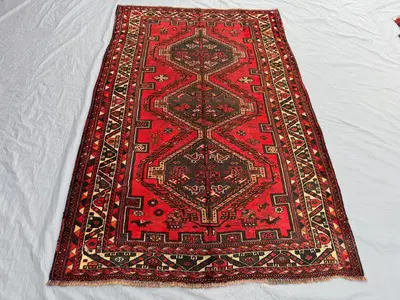 Red Low Pile Antique 1930s Turkish Hand Knotted Rug, Rare Tribal Design, Vintage Wool Rug, Oriental Geometric 