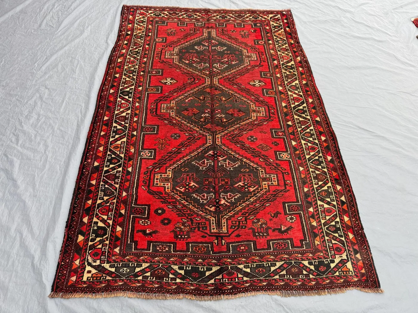 Red Low Pile Antique 1930s Turkish Hand Knotted Rug, Rare Tribal Design, Vintage Wool Rug, Oriental Geometric Rare Carpet, Living Room Rug