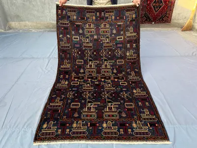 Afghan Baluch War Rug – 3.11x6.7 ft Tribal Pictorial Wool Carpet – Handmade Turkmen Art Rug for Outdoor, Bedro