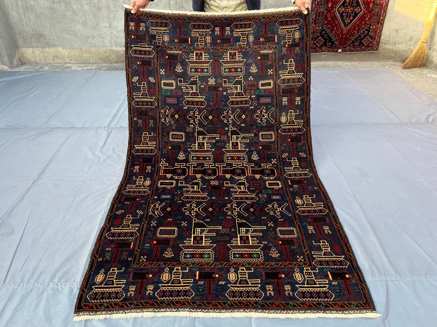 Afghan Baluch War Rug – 3.11x6.7 ft Tribal Pictorial Wool Carpet – Handmade Turkmen Art Rug for Outdoor, Bedroom, or Collectors, Moroccan