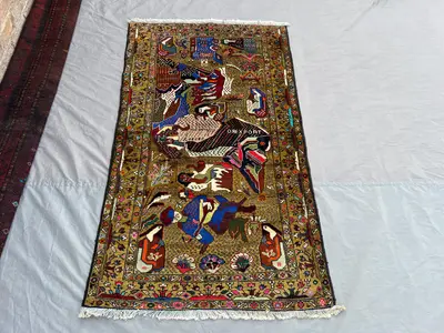 3x5 Antique Afghan Pictorial Rug | Hand-Knotted Nomadic Baluchi Art Carpet | Tribal Wall Hanging | Unique Stor