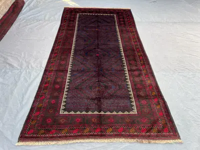 5x10 Antique Afghan Baluch Rug | Handmade Tribal Wool Rug | Red Blue Geometric Carpet | Large Vintage Hallway 