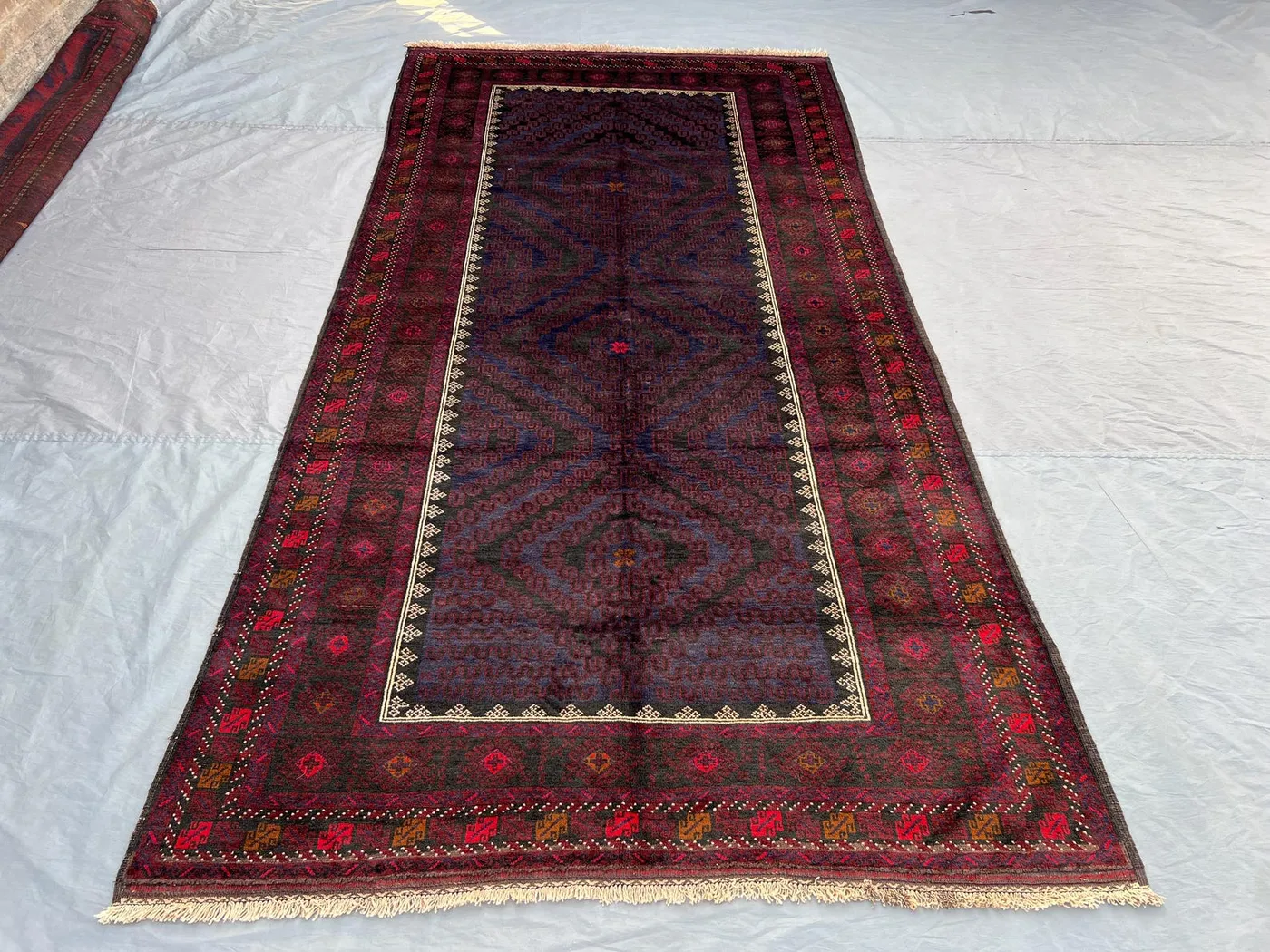 5x10 Antique Afghan Baluch Rug | Handmade Tribal Wool Rug | Red Blue Geometric Carpet | Large Vintage Hallway Area Rug | Boho Nomadic Decor
