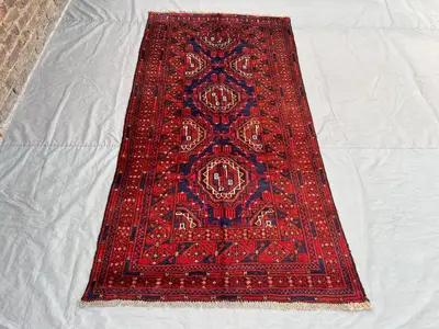 Vintage Red Navy Rust Afghan Rug | 4x9 ft Hand Knotted Wool Tribal Geometric Runner Carpet | Boho Hallway Livi