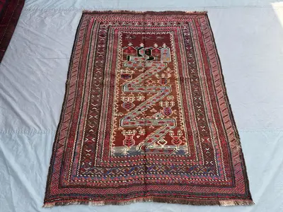 4'7x6'1 ft Antique Afghan Baluch Kilim Rug | Tribal Handmade Wool War Rug | Geometric Nomadic Flatweave Turkis