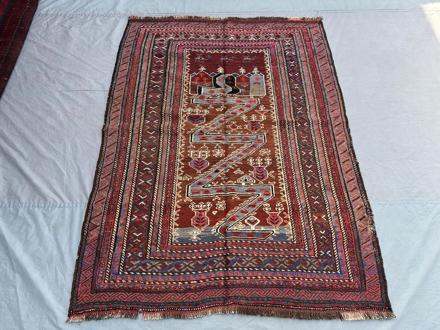 4'7x6'1 ft Antique Afghan Baluch Kilim Rug | Tribal Handmade Wool War Rug | Geometric Nomadic Flatweave Turkish Rug | Boho Bedroom Decor,