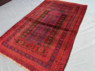 3x5 Vintage Afghan Prayer Rug | Hand Knotted Wool Tribal Carpet | Red Black Islamic Design | Nomadic Wool Area
