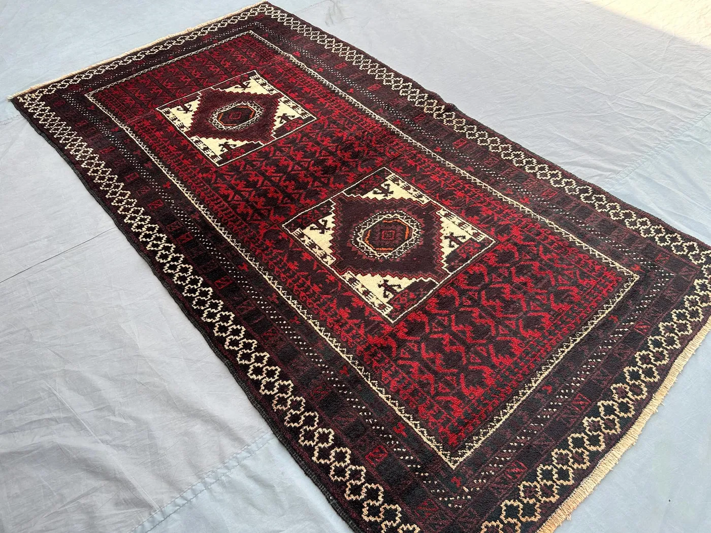 4x7 Vintage Afghan Baluch Rug | Hand Knotted Wool Tribal Carpet | Geometric Nomadic Pattern | Rustic Boho Area Rug, Home Decor. Kitchen rug