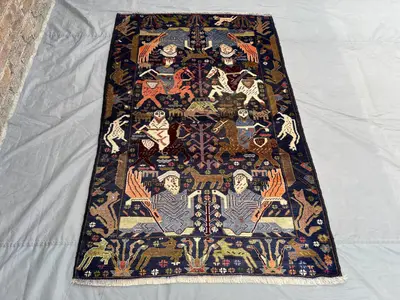 Afghan Baluchi Vintage Rug 3.11x6.2 ft | Handwoven Wool Tribal Carpet with Unique Horse & Rider Design | Antiq