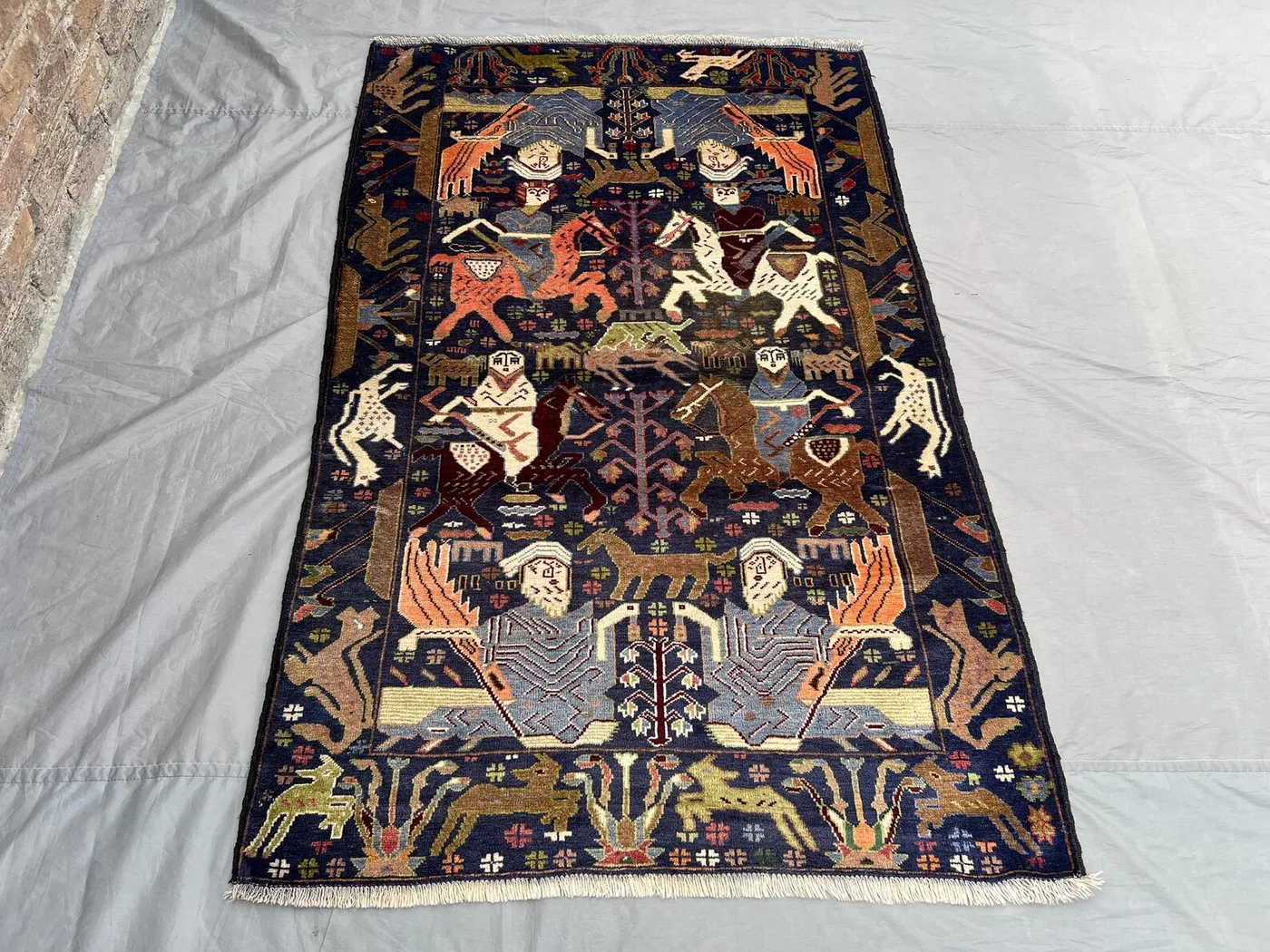 Afghan Baluchi Vintage Rug 3.11x6.2 ft | Handwoven Wool Tribal Carpet with Unique Horse & Rider Design | Antique Baluchi Rug \ unique rug