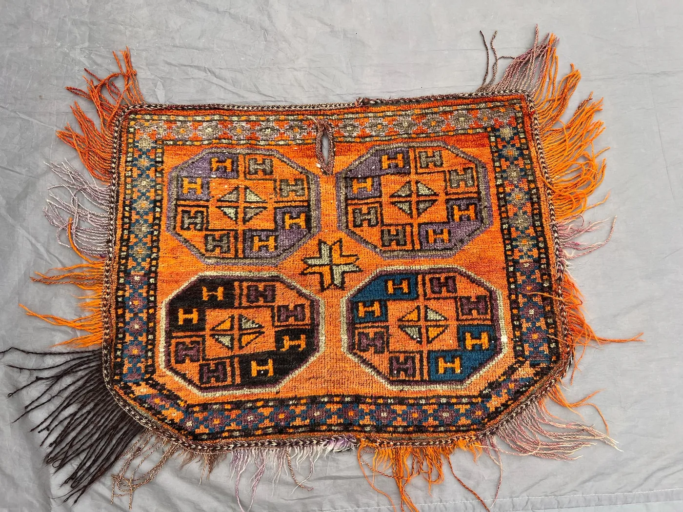 Antique Afghan Tribal Saddle Bag Rug | 2x2'6 Ft Hand Knotted Wool | Vintage Nomadic Decor | Small Boho Accent Carpet | Kids Rug