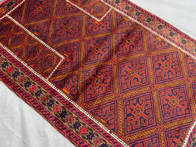 Vintage Afghan Baluchi Prayer Rug | 2'11x4'10 ft Hand Knotted Tribal Wool Carpet | Nomadic Small Geometric Rug