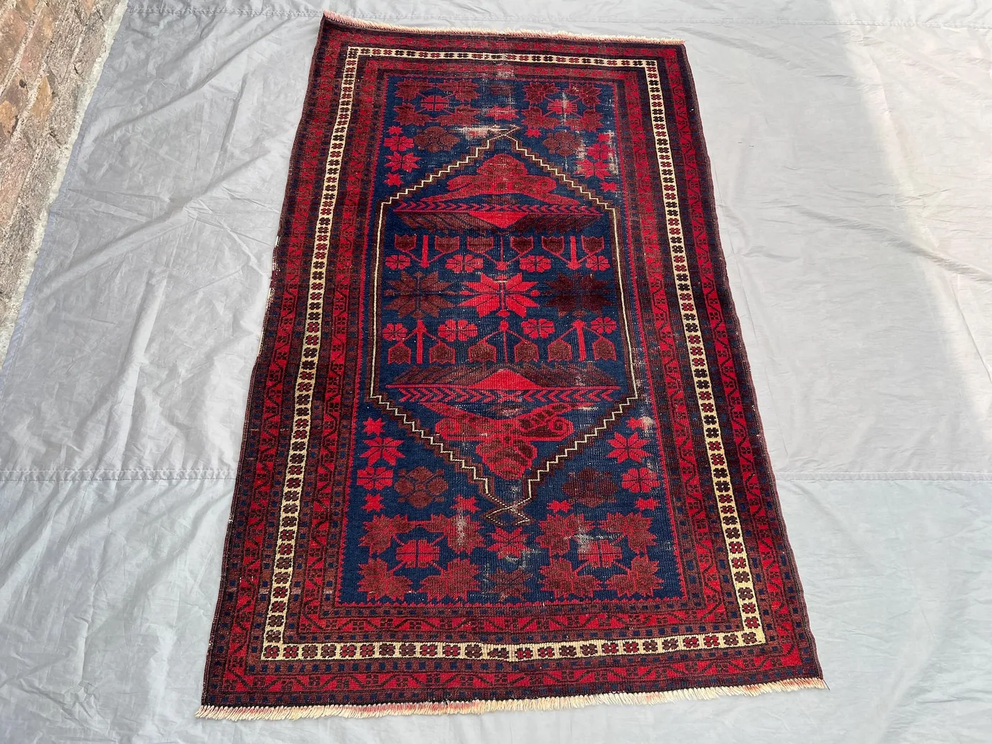 3.7x5.11 ft Afghan Ersari Turkmen Vintage Rug - Red, Blue, Yellow Geometric Handwoven Wool Rug, Traditional Tribal Home Deco \ living room