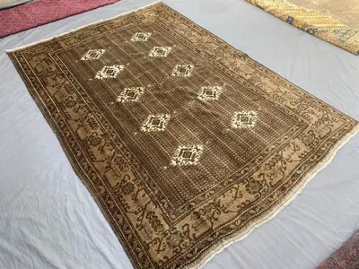 6'6 x 9'7 ft Vintage Turkmen Ersari Rug | Handmade Wool Oriental Carpet | Brown Beige Geometric Pattern | Rare