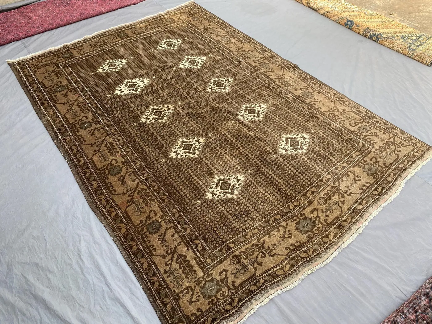 6'6 x 9'7 ft Vintage Turkmen Ersari Rug | Handmade Wool Oriental Carpet | Brown Beige Geometric Pattern | Rare Tribal Area Rug | Bedroom Rug