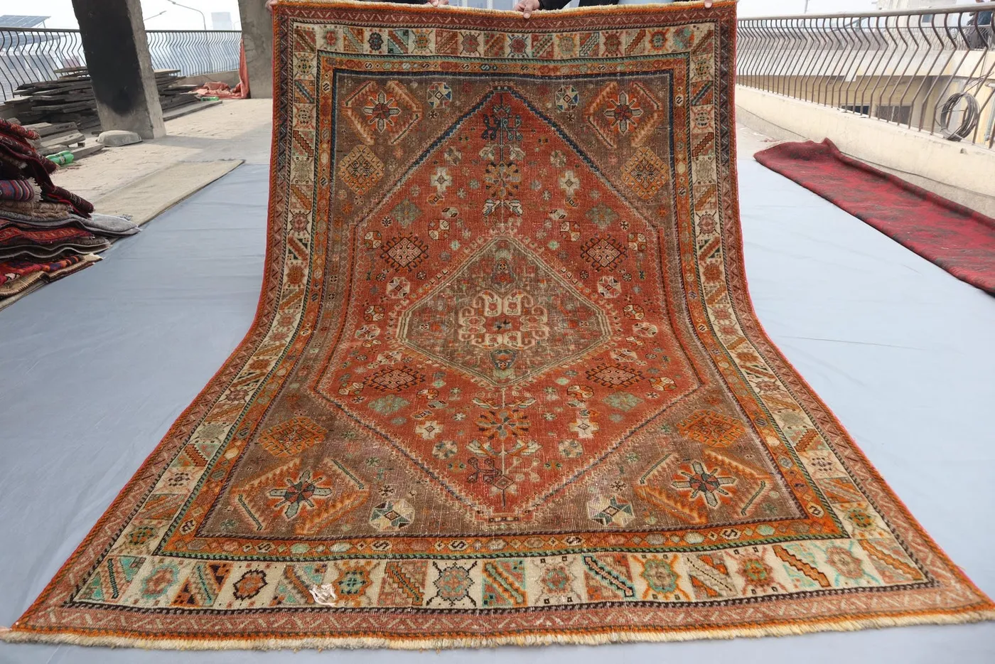 Antique Afghan Turkoman Tribal Wool Rug 5'2" x 7'9" | Terracotta Geometric Design | Rare Caucasian Style Turkish Rug, Bedroom Rug, Outdoor