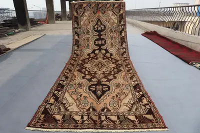 4x10 Afghan Hand Knotted Wide Runner Rug Vintage Caucasian Design Turkmen Tribal Wool Hallway Rug, Moroccan Ru