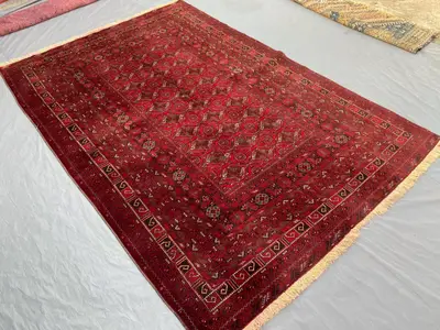 7 x 10 Antique Turkmen Bukhara Rug | Vintage Hand-Knotted Wool Rug | Red Tribal Oriental Carpet | Rare Soft Pi
