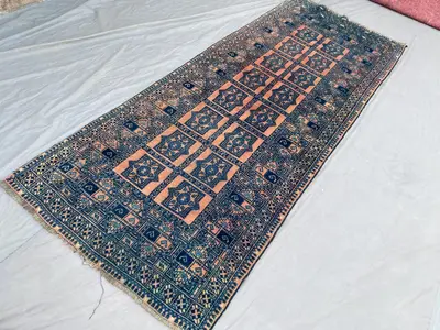 3'5 x 8'10 ft Vintage Turkmen Ersari Runner Rug | Hand-Knotted Wool Tribal Corridor Carpet | Geometric Design 