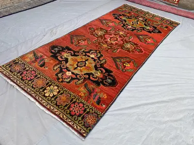 4'9x11'5 Vintage Afghan Wide Runner Rug | Persian-Style Floral Rose (Gol Farang) Medallion Design | Rust Red &