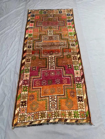4x9 ft Vintage Turkish Runner Rug | Hand Knotted Tribal Geometric Design | Rare Wool Hallway Rug, Bohemian Hom