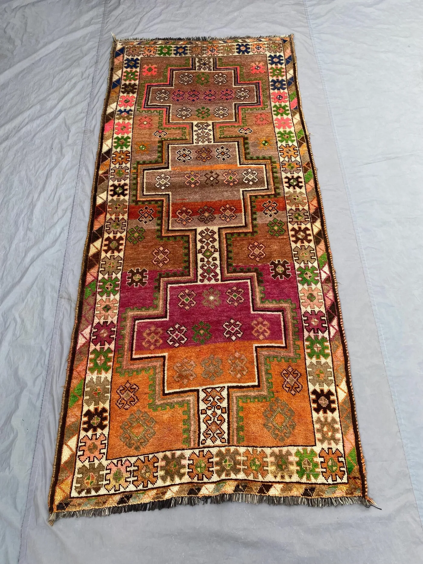 4x9 ft Vintage Turkish Runner Rug | Hand Knotted Tribal Geometric Design | Rare Wool Hallway Rug, Bohemian Home Decor Carpet, Kitchen Rug