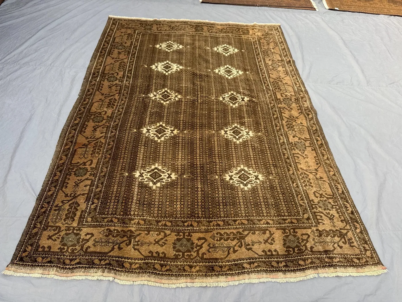 Afghan Hand Knotted Kilim 7 x 10 ft Vintage Flat Weave Terracotta Faded Turkoman Ersari Design One of a Kind Area Rug | Living room decor