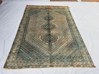 6x9 Persian-Style Shiraz Boteh Design Rug | Hand-Knotted Wool | Green Field Paisley & Medallion Column | Vinta
