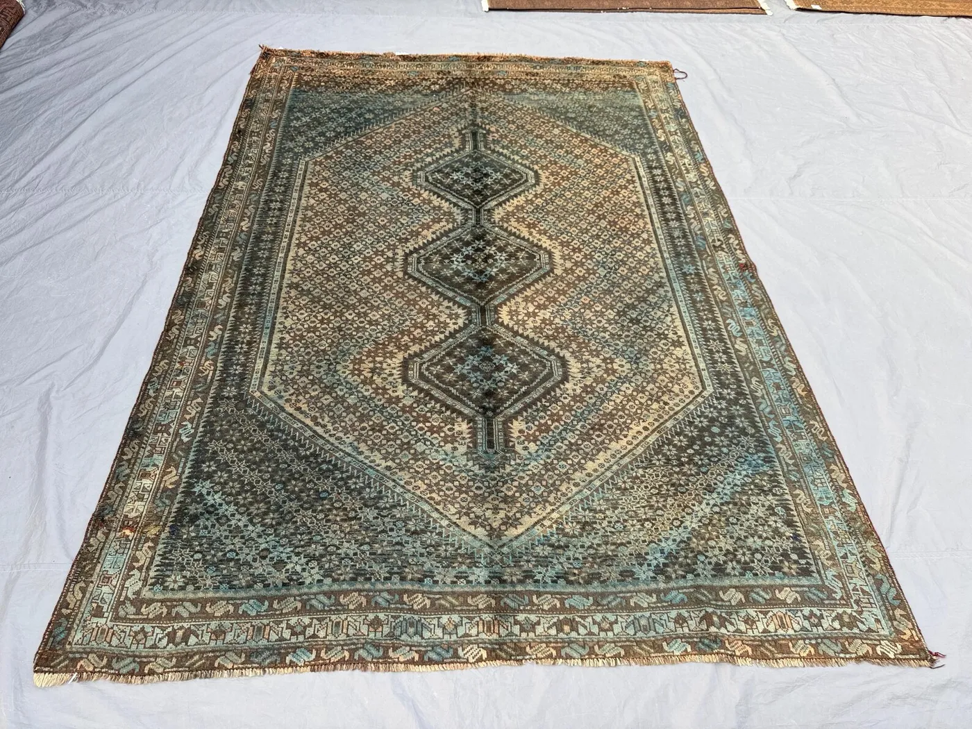 6x9 Persian-Style Shiraz Boteh Design Rug | Hand-Knotted Wool | Green Field Paisley & Medallion Column | Vintage Afghan