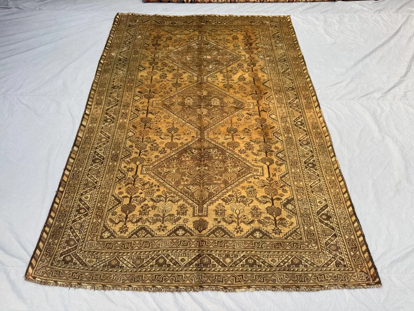 Vintage Afghan Hand-Knotted Rug 7 x 10 ft | Terracotta Faded Turkish-Caucasian Design | Large Soft Wool Area Carpet | One-of-a-Kind