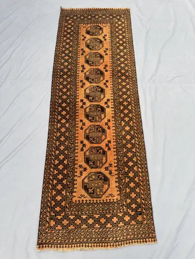 Afghan Hand Knotted Vintage Soft Pile Runner 2.5 x 7.4 ft Terracotta Color Faded Turkoman Bokhara Design Uniqu