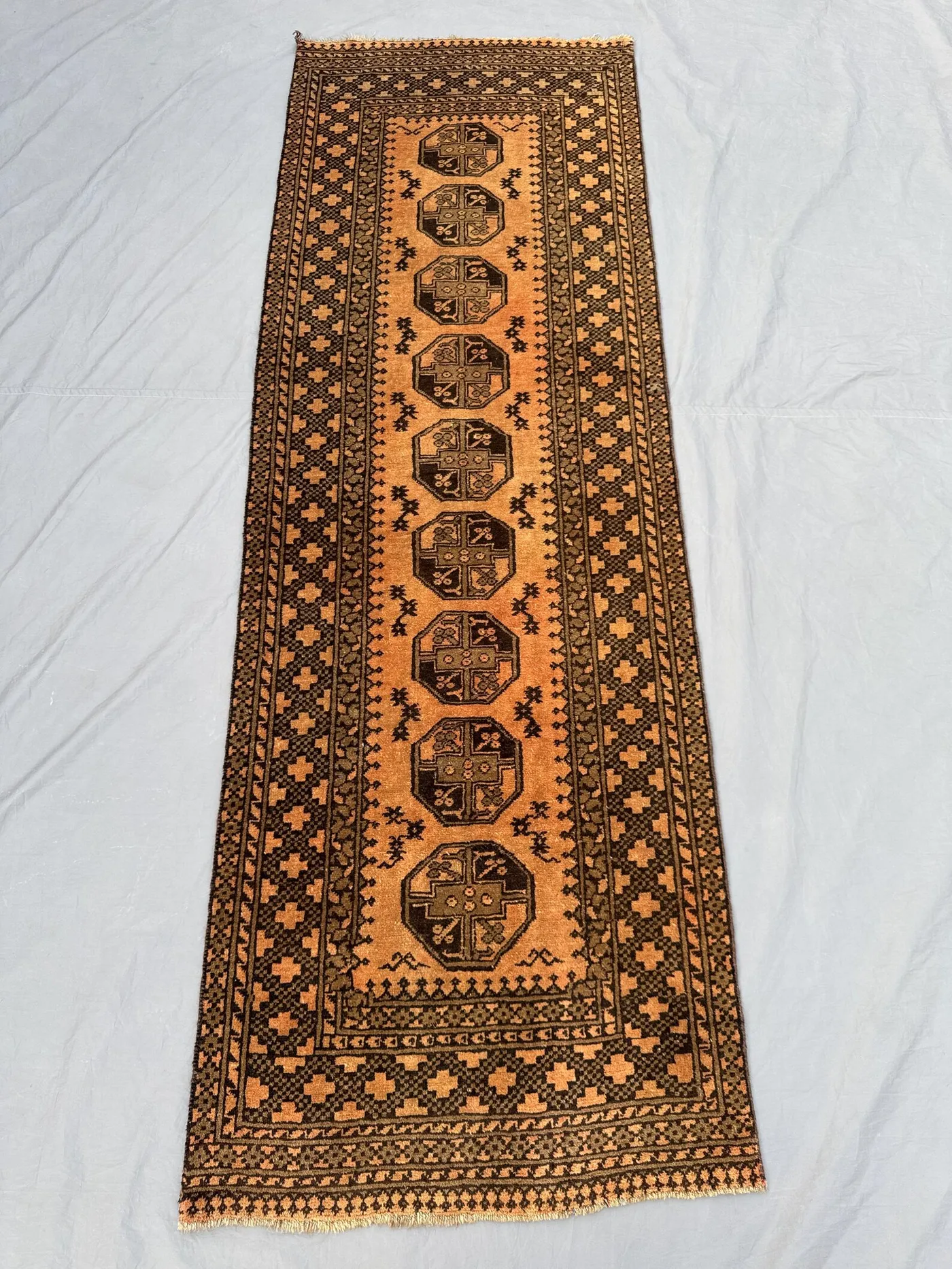 Afghan Hand Knotted Vintage Soft Pile Runner 2.5 x 7.4 ft Terracotta Color Faded Turkoman Bokhara Design Unique One of a Kind