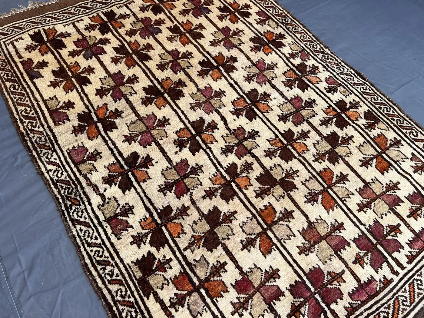 Charming Vintage Afghan Baluchi Rug, 4'3x6'1 ft Hand-Knotted Wool Masterpiece Rug, Cream Brown Tribal Leaf Design, Soft Pile Bohemian Rug
