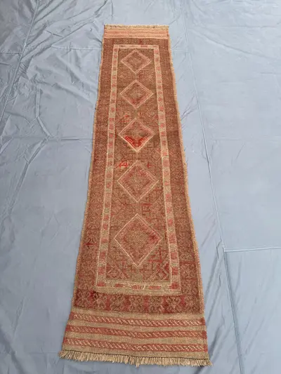 2 x 9 ft Vintage Afghan Hand Woven Kilim Runner Terracotta Faded Brown Red Flat Weave One Of A Kind Tribal Mis