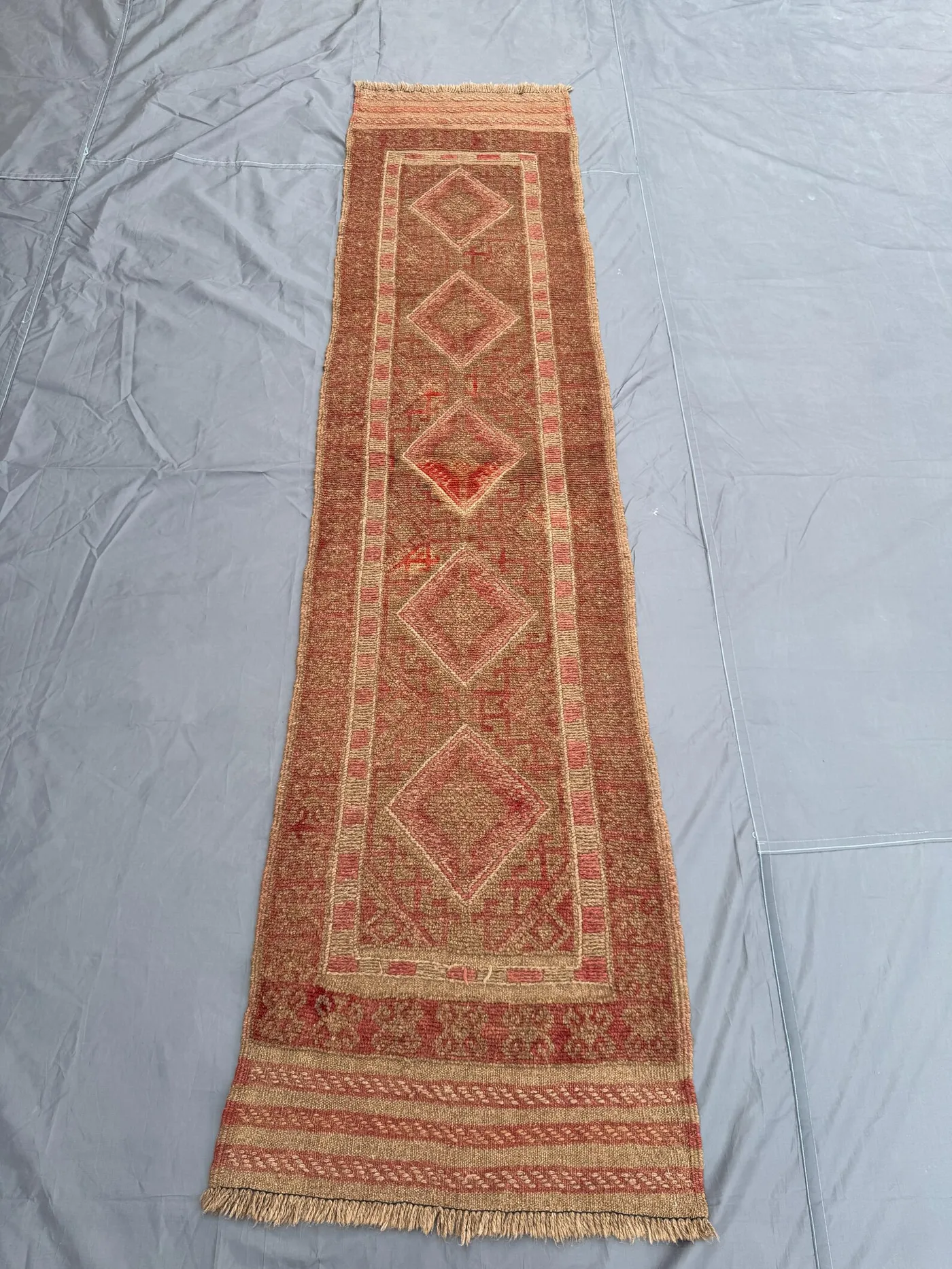 2 x 9 ft Vintage Afghan Hand Woven Kilim Runner Terracotta Faded Brown Red Flat Weave One Of A Kind Tribal Mishwani Design