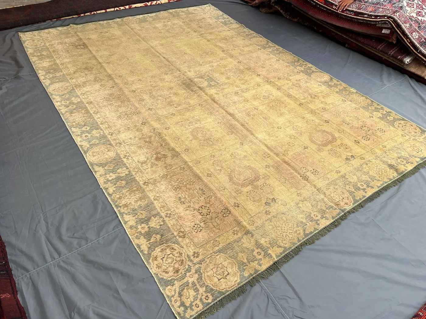 7x10 Elegant Beige Antique Turkmen Faded Hand-Knotted Wool Rug, Rare Caucasian Style Nomadic Design Low Pile Carpet for Living Room Decor