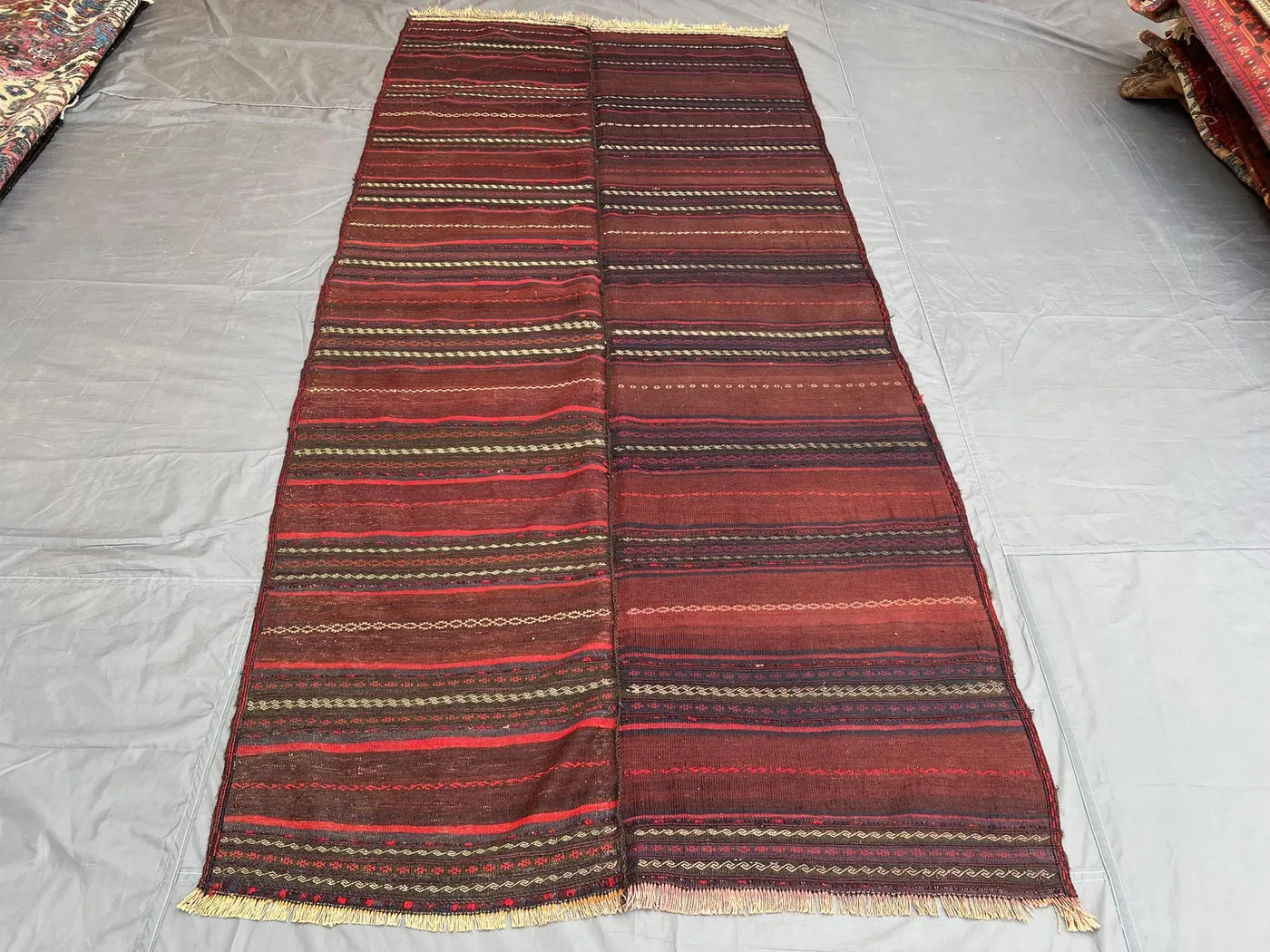 5 x 10 ft Afghan Handwoven Vintage Kilim Brown Red Maimana Flat Weave Soft Wool Runner One Of A Kind Tribal Geometric rug