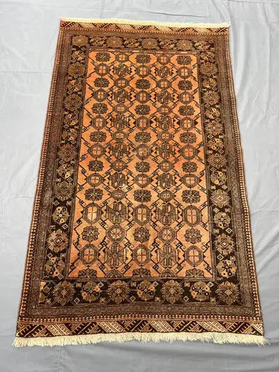 4x6 Charming Terracotta Vintage Turkmen Bashiri Hand-Knotted Wool Rug, Tribal Geometric Elephant Foot Design C