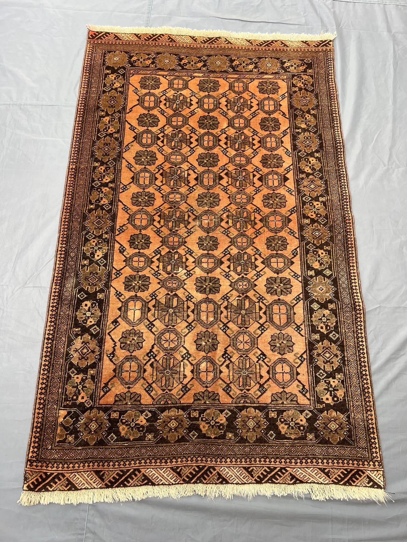 4x6 Charming Terracotta Vintage Turkmen Bashiri Hand-Knotted Wool Rug, Tribal Geometric Elephant Foot Design Carpet for Living Room Decor