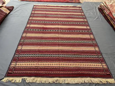 7x10 Charming Red Vintage Afghan Kilim Rug, Handwoven Flat Weave Sumak Carpet, Distressed Faded Tribal Decor f