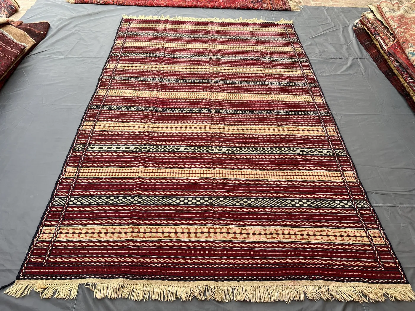 7x10 Charming Red Vintage Afghan Kilim Rug, Handwoven Flat Weave Sumak Carpet, Distressed Faded Tribal Decor for Living Room, Bedroom Rug