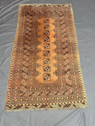 4x6 Elegant Beige Vintage Afghan Turkoman Bokhara Rug, Hand-Knotted Wool Carpet, Tribal Geometric Design for L