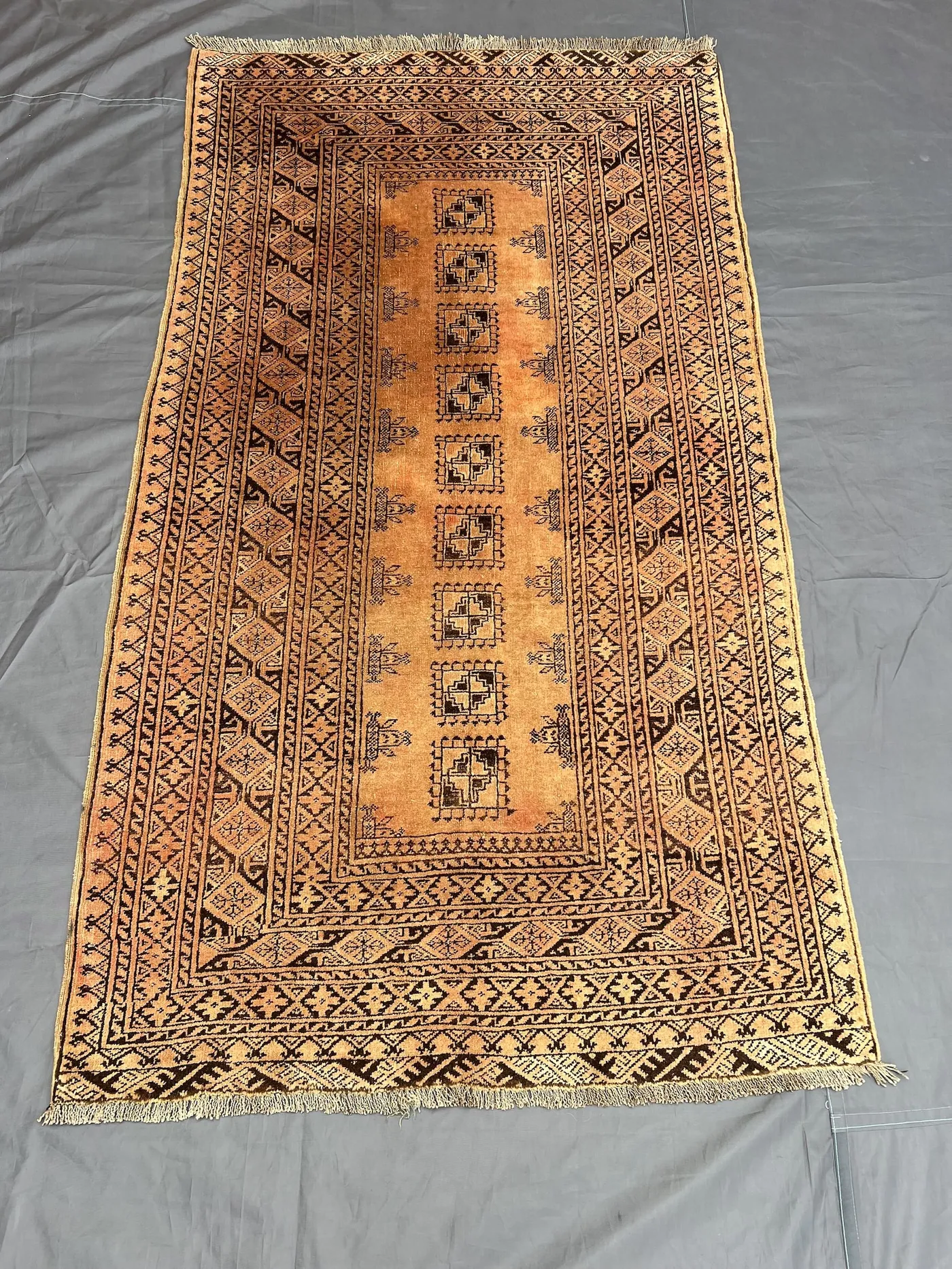 4x6 Elegant Beige Vintage Afghan Turkoman Bokhara Rug, Hand-Knotted Wool Carpet, Tribal Geometric Design for Living Room or Entryway Decor