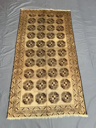 3x6 Elegant Beige Vintage Afghan Baluchi Rug, Hand-Knotted Wool Carpet with Geometric Tribal Pattern, Soft One
