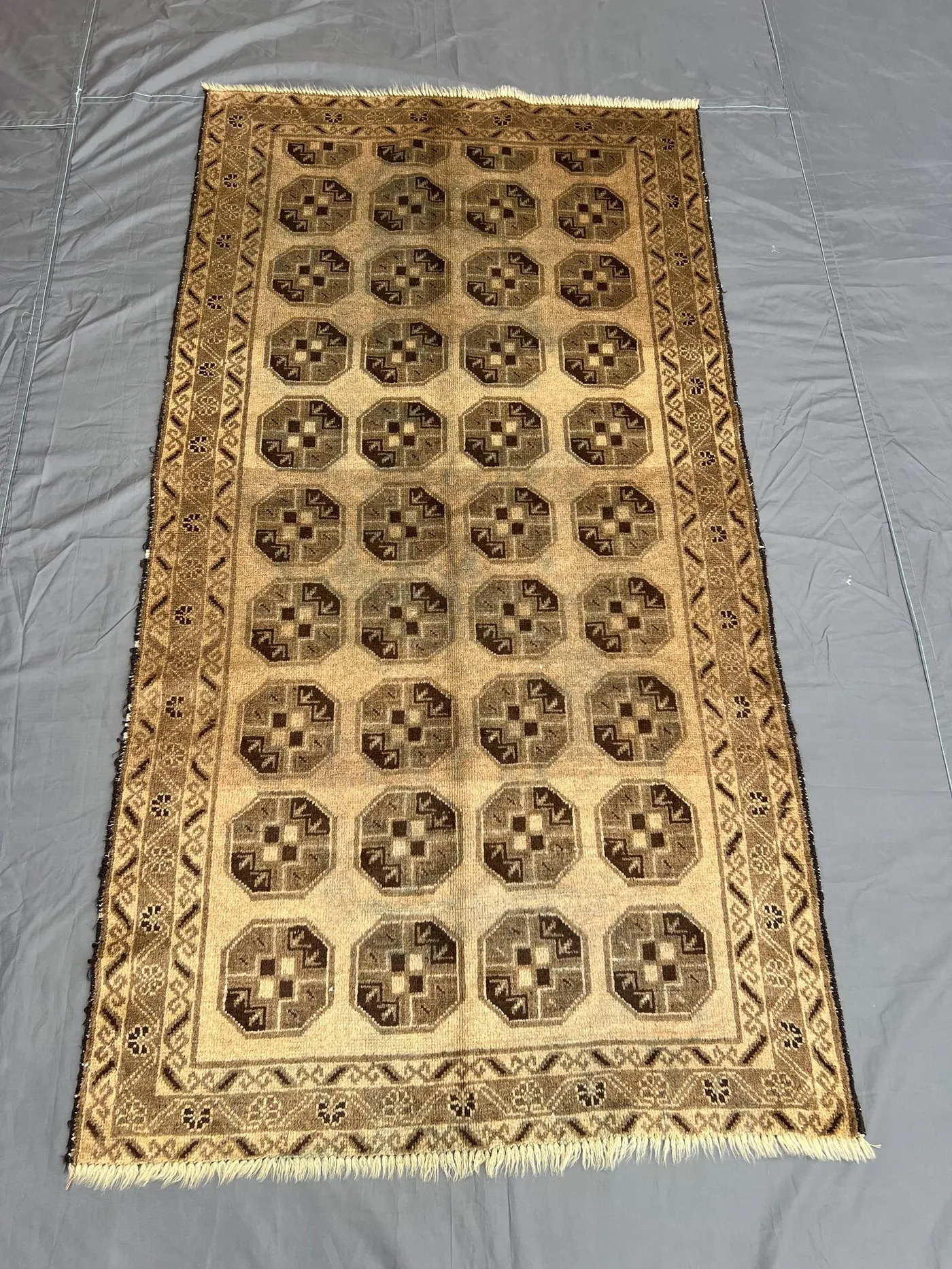 3x6 Elegant Beige Vintage Afghan Baluchi Rug, Hand-Knotted Wool Carpet with Geometric Tribal Pattern, Soft One-of-a-Kind Boho Home Decor
